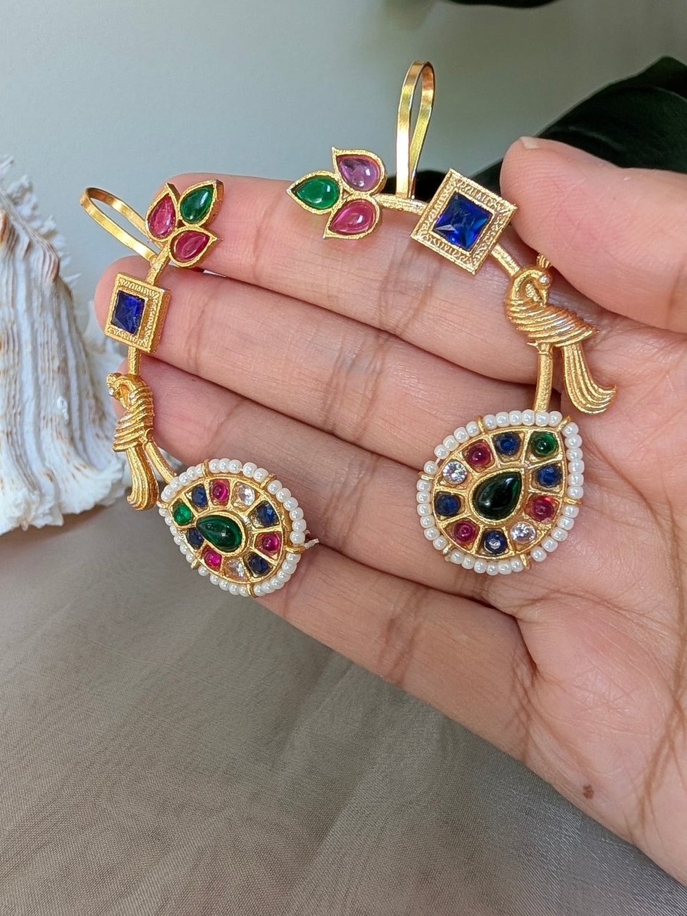 Gold-Tone Multi-Stone Teardrop Drop Earrings with Pearl Halo